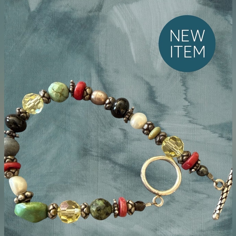 Sterling Silver Mixed Gemstone
Artisan Bracelet - Turquoise, Pearl, Onyx & Coral